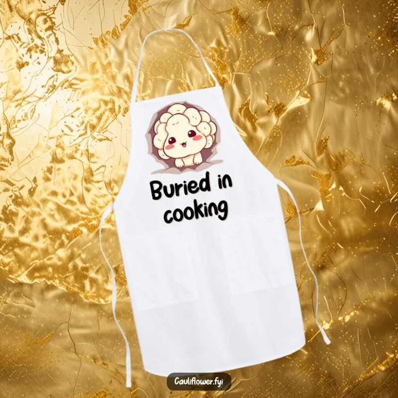 Funny cauliflower kitchen apron featuring a character stuck in a hole with a sheepish grin, adding humor to cooking.
