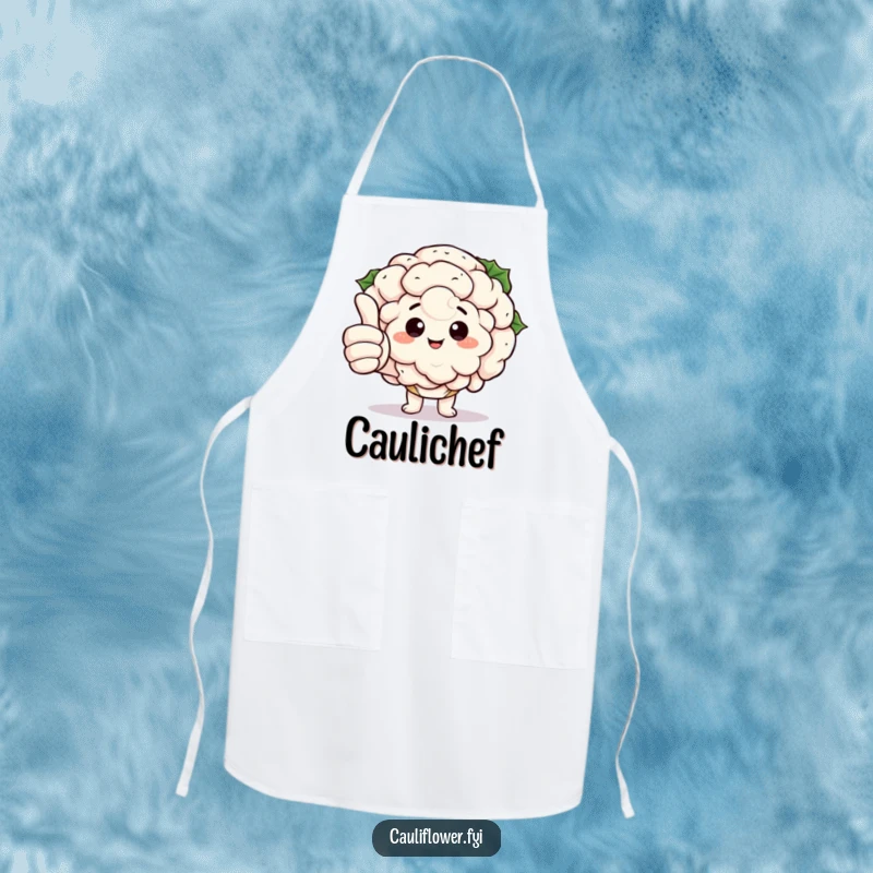 Funny Kawaii Cauliflower Apron: A cooking apron with a cauliflower giving a big thumbs up with comically large fingers, bringing a fun veggie vibe.