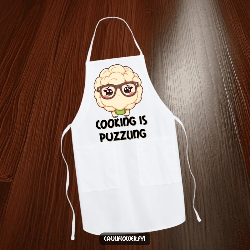 Funny kawaii cauliflower wearing oversized glasses and looking confused on an apron.