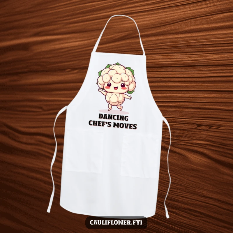 Funny Kawaii cauliflower doing a silly shuffle dance, a humorous and functional kitchen apron.