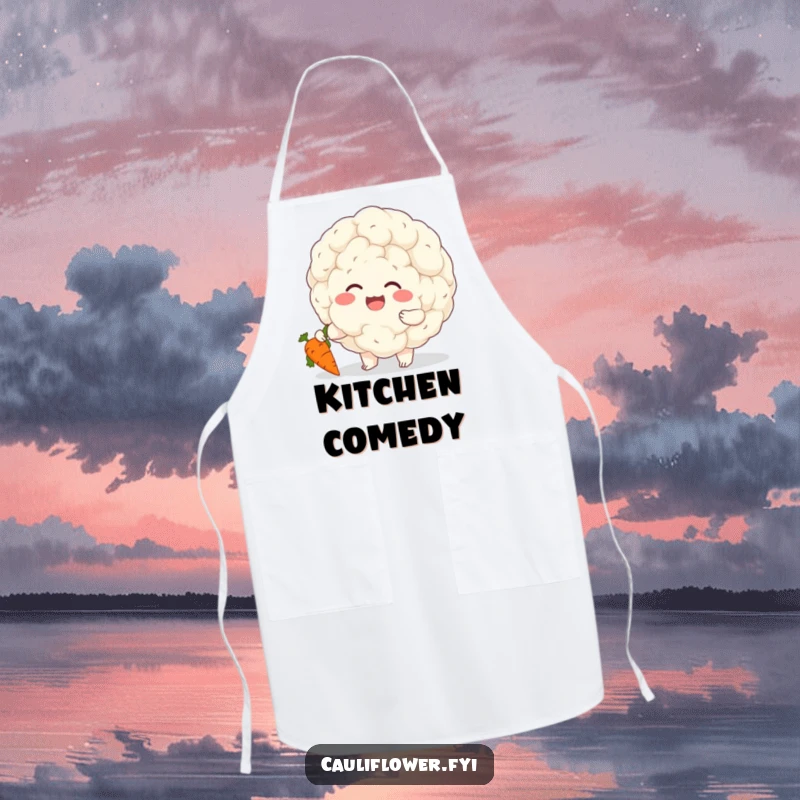 Funny apron with a cheerful cauliflower giggling while tickling a small carrot, perfect for adding kitchen humor.