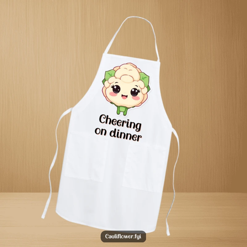 Funny apron depicting a cauliflower character with wide, happy eyes actively cheering, perfect for adding spirited humor to cooking.