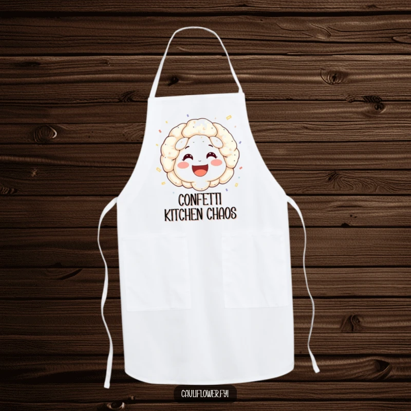 Funny apron featuring a smiling cauliflower face with rosy cheeks, enthusiastically throwing confetti while cooking.