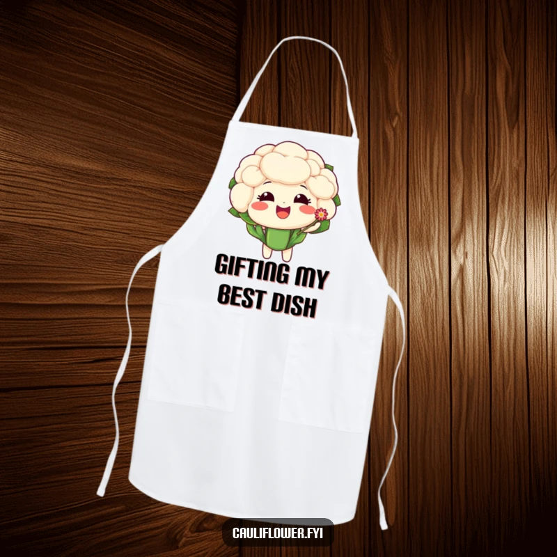 Funny apron showing a delighted cauliflower character offering a tiny, sparkling flower with a heartwarming, sweet expression.