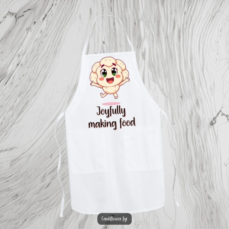 Funny happy cauliflower jumping for joy, a humorous apron for kitchen activities and spreading cheer.