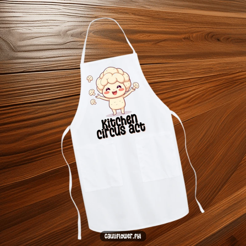 Funny Kawaii cauliflower apron featuring a veggie juggling florets with impressive enthusiasm, ideal for kitchen fun.