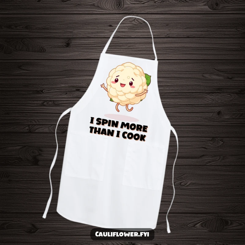 Funny apron featuring a cauliflower mid-dance with wobbly legs, ready to add a splash of humor to any culinary adventure.