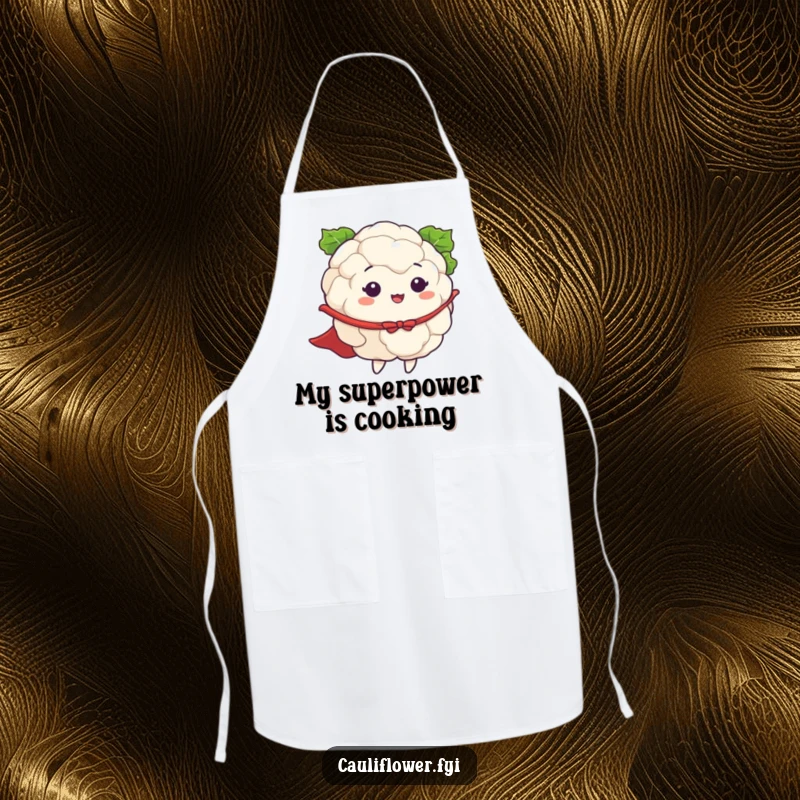 Funny apron with a cauliflower wearing a cape and pretending to fly, ready to add humor and heroism to any cooking task.