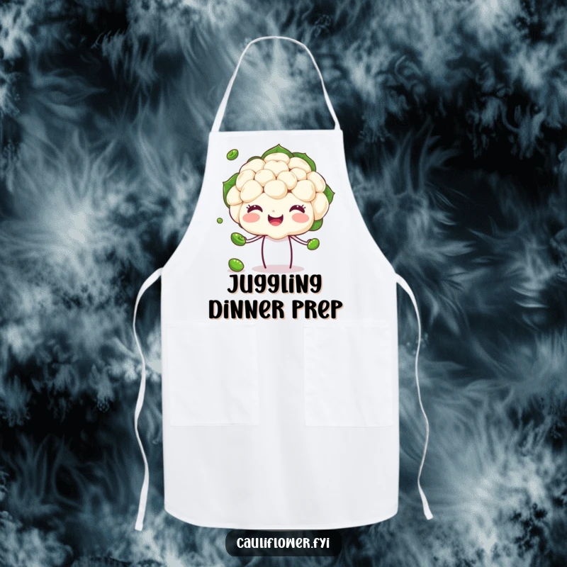 Funny Cauliflower Apron featuring a happy veggie head juggling peas, perfect for cooking with humorous flair.