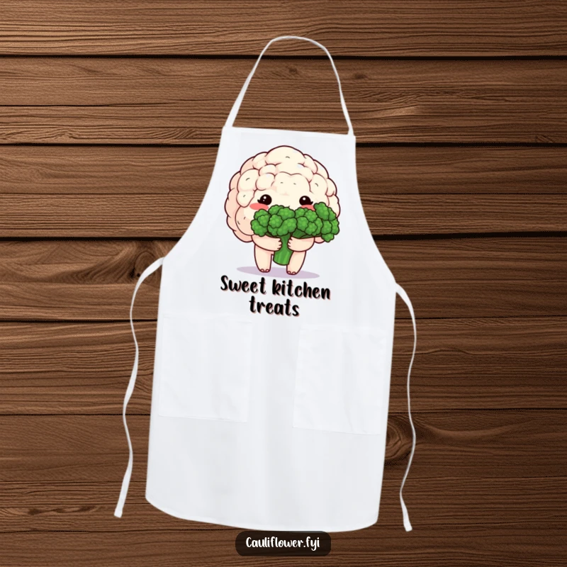 Funny apron with a shy, blushing kawaii cauliflower holding a bouquet of broccoli florets, perfect for adding gentle kitchen charm.
