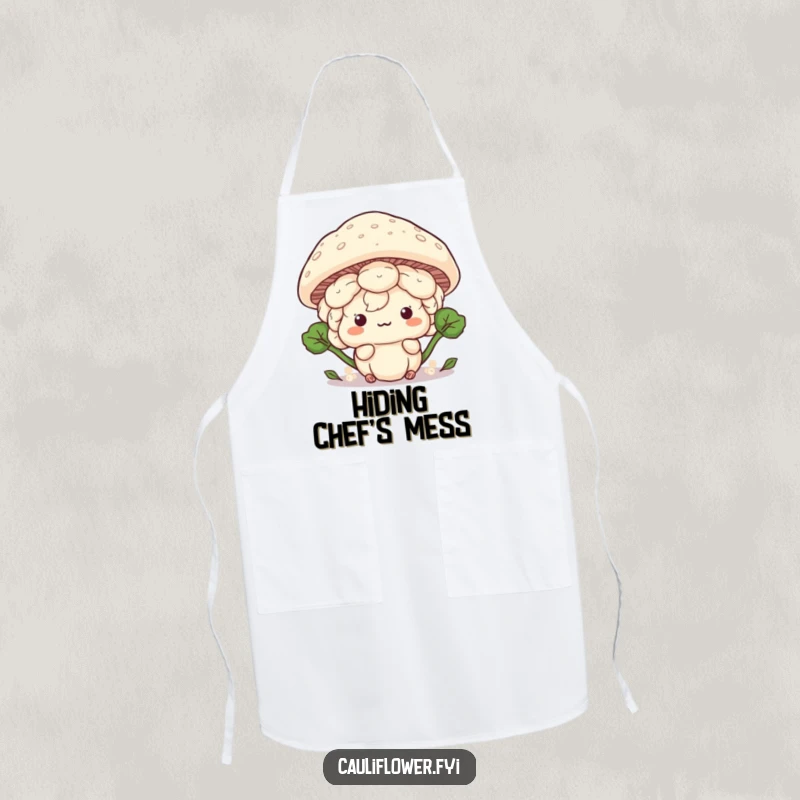 Funny Kawaii cauliflower hiding behind a giant mushroom cap, a humorous and functional kitchen apron.