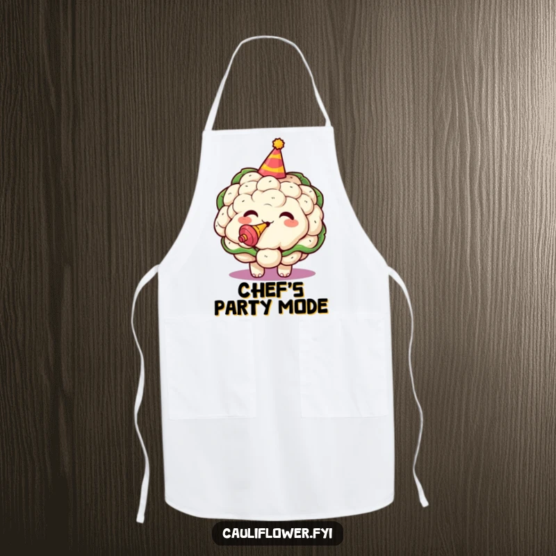 Funny apron showcasing a kawaii cauliflower in a party hat, ready to celebrate and cook.