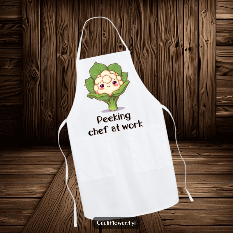 Funny apron with a kawaii cauliflower playfully peeking from behind a leaf, perfect for adding playful curiosity and charm to the kitchen.