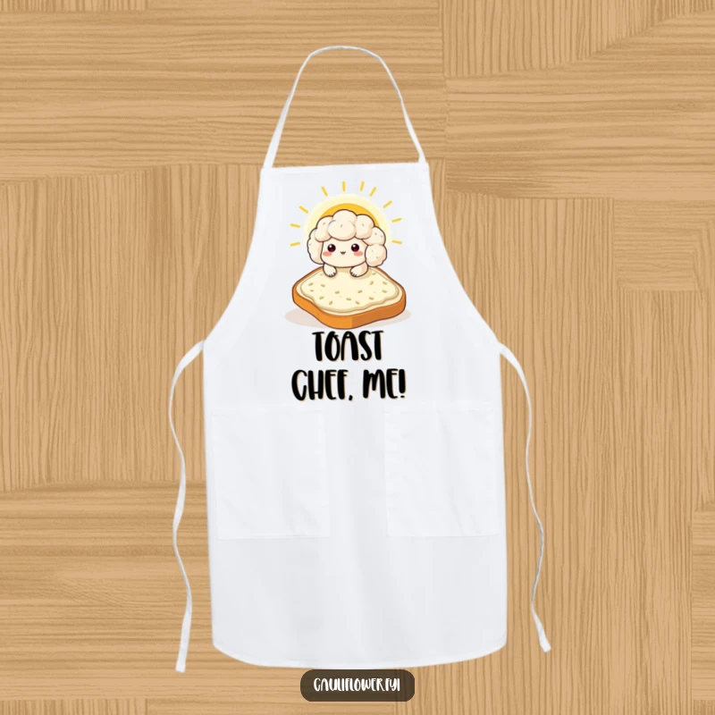 Funny Kawaii cauliflower sunbathing on a giant toast slice, a humorous and functional kitchen apron.