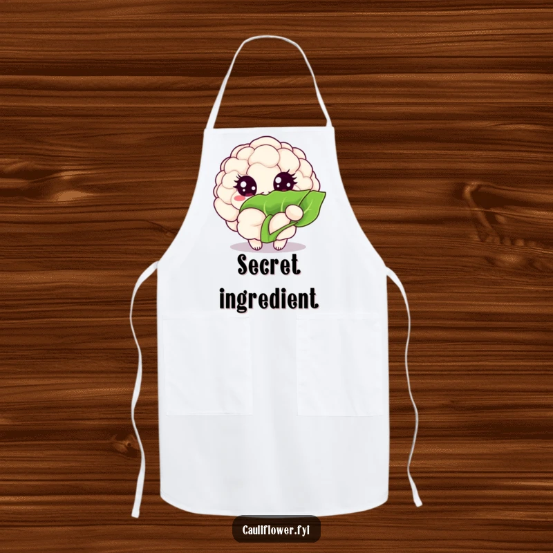 Funny Kawaii cauliflower apron featuring a veggie with sparkling eyes peeking from behind a leaf, adding a playful touch.