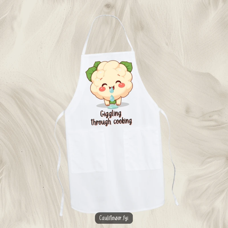 Funny apron with a cauliflower piece giggling while balancing a dewdrop, perfect for adding delicate and humorous charm to kitchen tasks.