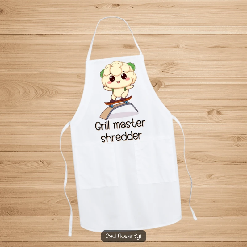 Funny apron featuring a kawaii cauliflower riding a skateboard, perfect for kitchen cool and humor.