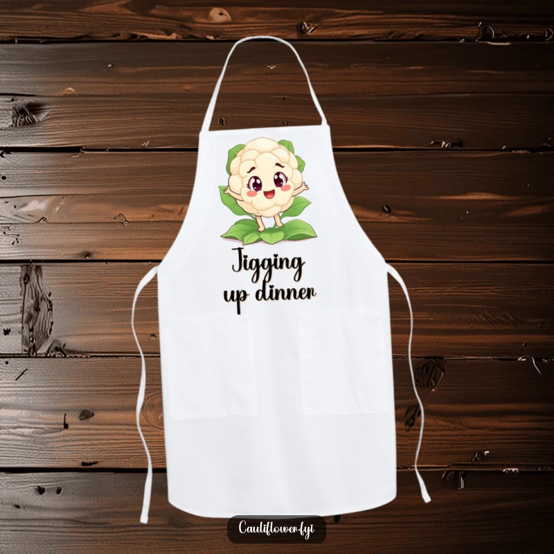 Funny apron featuring a joyful cauliflower with big, enthusiastic eyes doing a silly jig on a leafy surface.