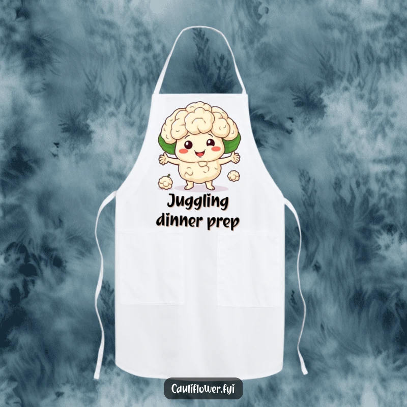 Smiling cauliflower character juggling three little florets on a kitchen apron, ideal funny gift.
