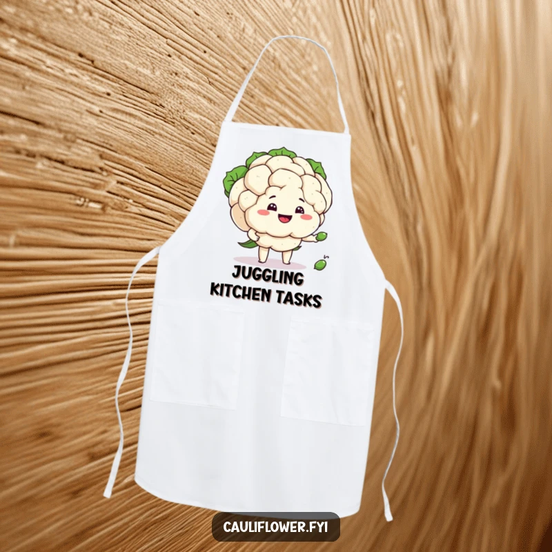 Funny cauliflower with a silly grin juggling peas, a humorous apron for cooking enthusiasts.