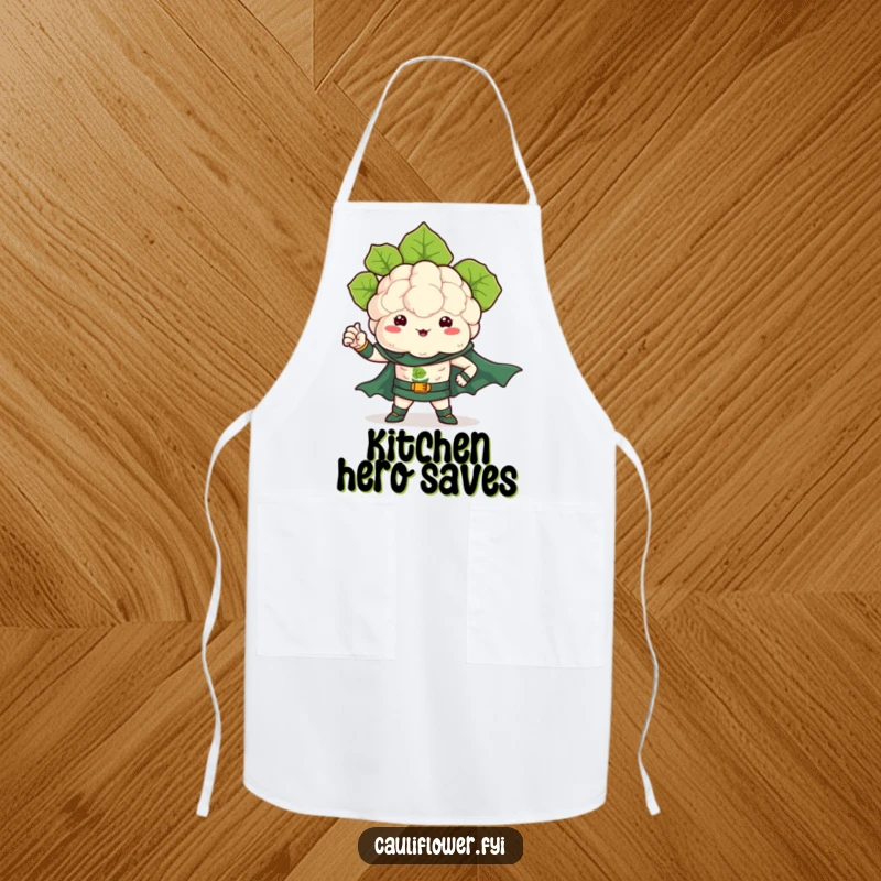 Funny apron with a kawaii cauliflower as a superhero, flexing a leafy arm, perfect for kitchen battles.