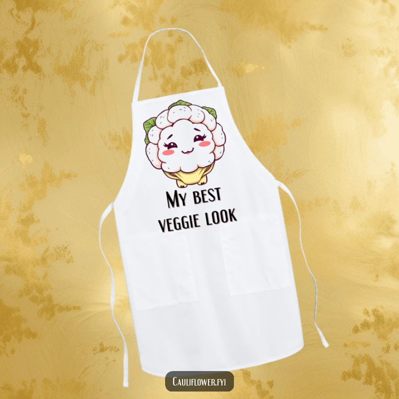 Funny kawaii cauliflower apron featuring a silly, lopsided grin and floppy leaves, humorous kitchen wear.
