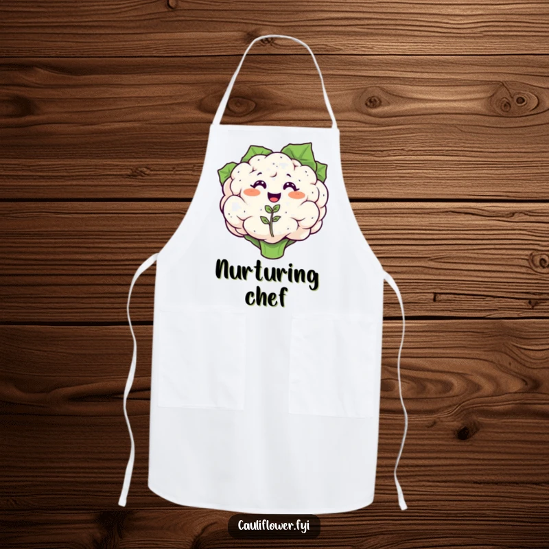 Funny apron with a smiling cauliflower watching a tiny, happily sprouting cauliflower seedling, perfect for garden-inspired cooking.