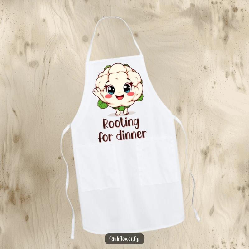Funny cauliflower kitchen apron featuring a cheerful vegetable character waving hello, designed for cooking enjoyment and adding humor to the kitchen.
