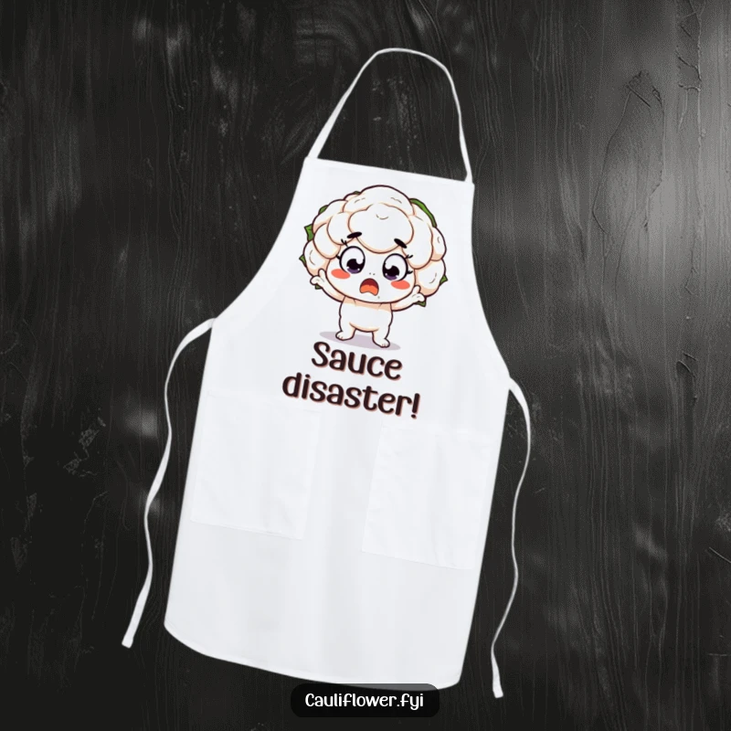 Funny Apron with a kawaii cauliflower character looking dramatically surprised with wide eyes, ready for humorous kitchen moments.