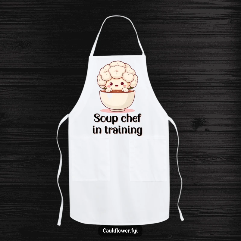 Funny cauliflower character peeking over a tiny steaming bowl with delight on an apron, adding culinary humor to kitchen activities and cooking.