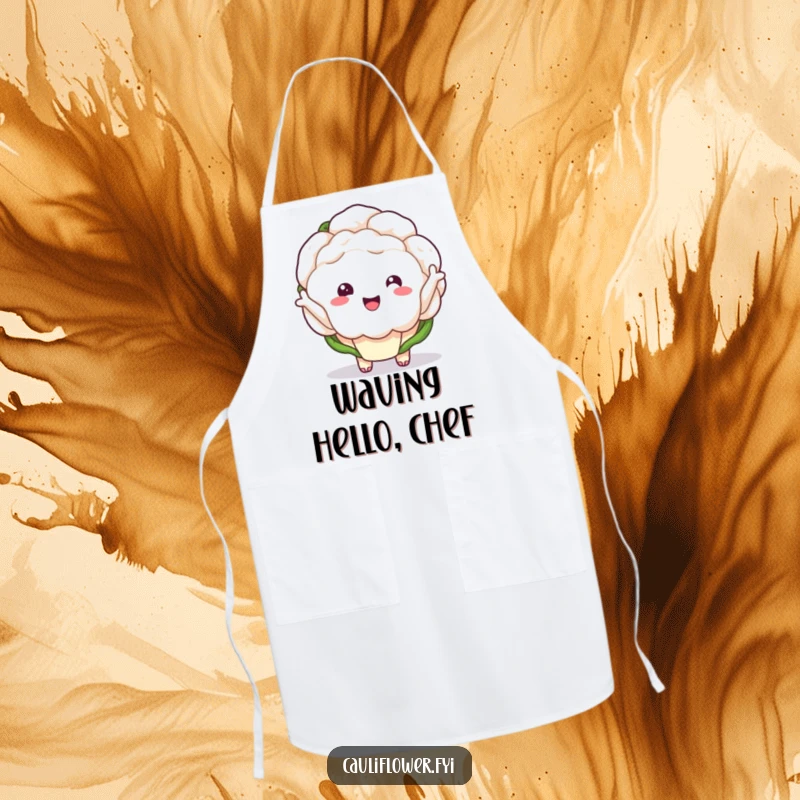 Funny kawaii cauliflower with tiny arms waving enthusiastically on an apron.