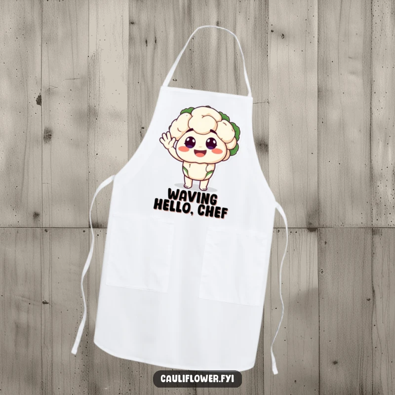 Funny apron with a cauliflower character with big, happy eyes performing a silly wave, designed for kitchen fun and cheerful greetings.