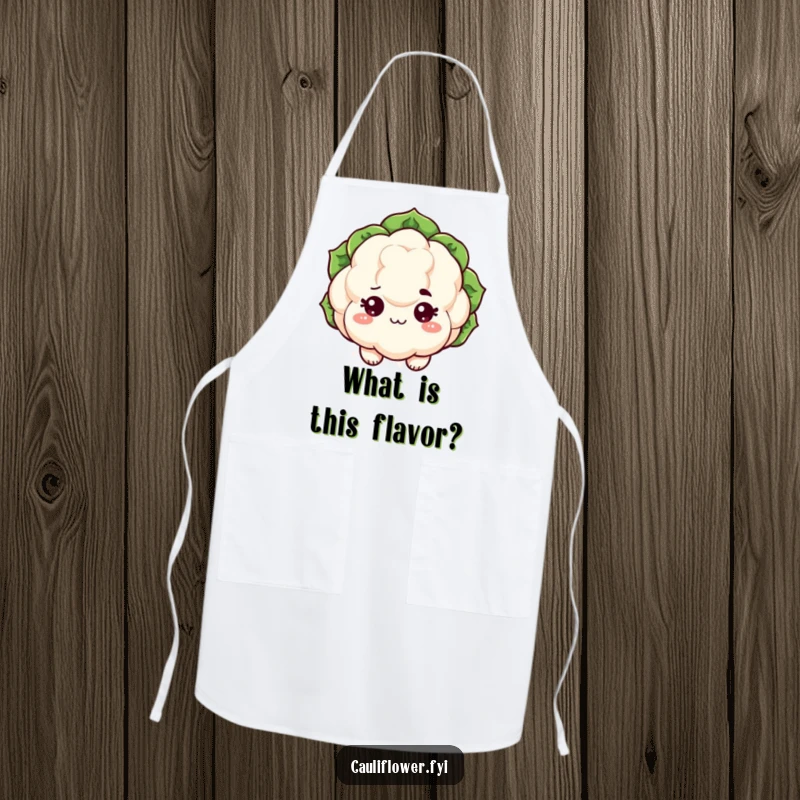Funny kawaii cauliflower apron with sparkling eyes and a raised eyebrow, humorous kitchen wear.