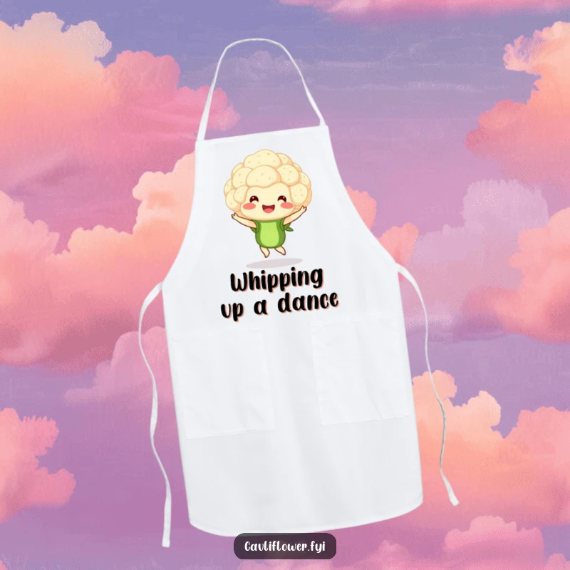 Funny apron with a smiling cauliflower floret gracefully performing a pirouette, adding elegance and humor to kitchen tasks.