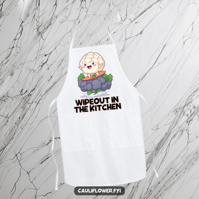 Funny cauliflower grinning on a broccoli floret, ready to protect your clothes with surfing humor.