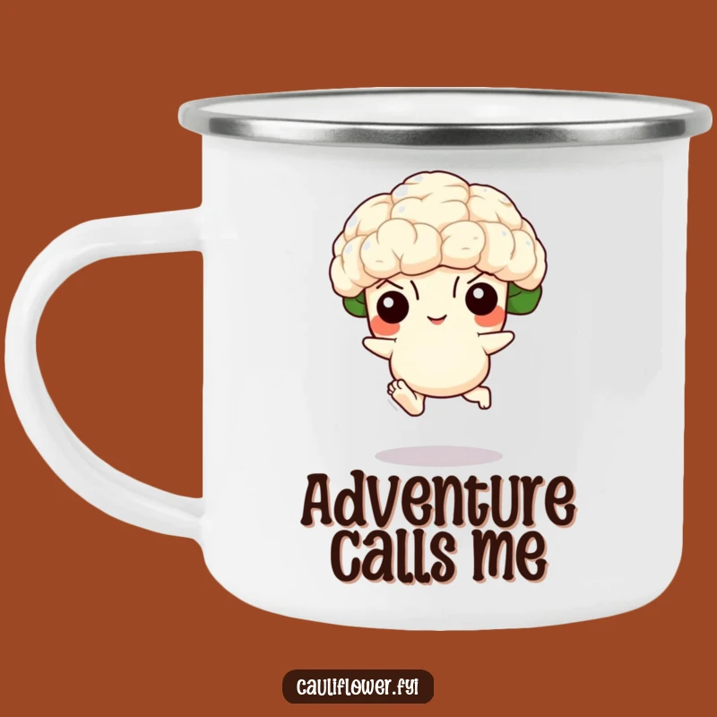 Funny Cauliflower Leaping Camping Mug - Adventure Fuel with Comical Flair