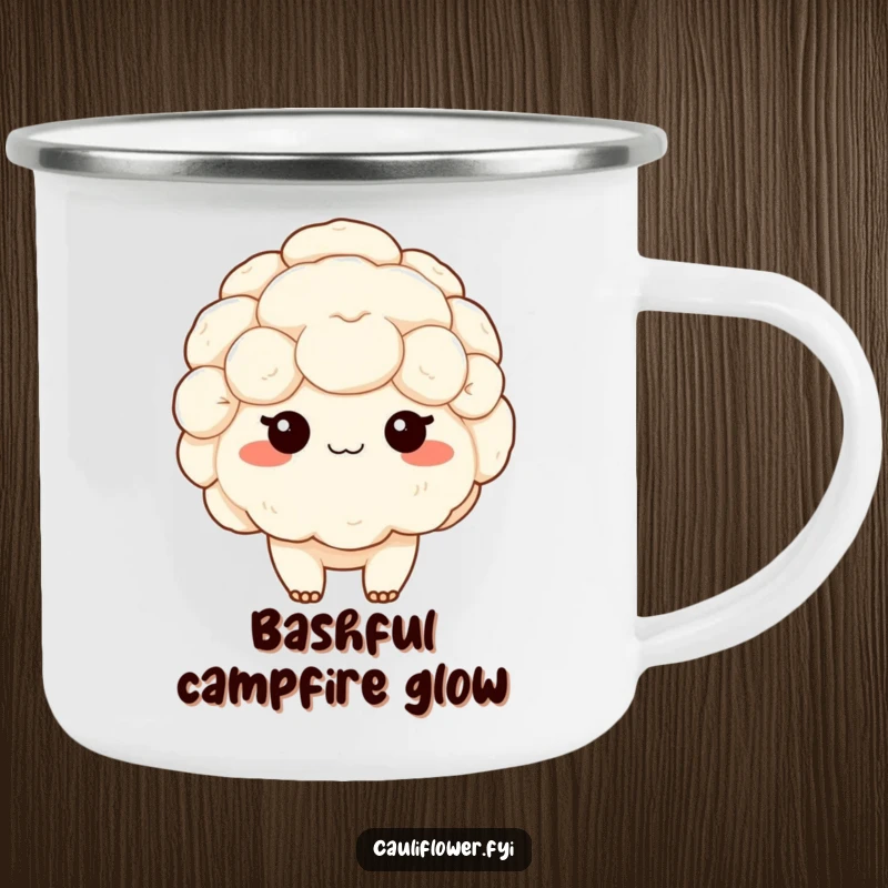 Funny camping mug with a shy kawaii cauliflower blushing, perfect for outdoor enjoyment and adding sweet, bashful charm to every sip.