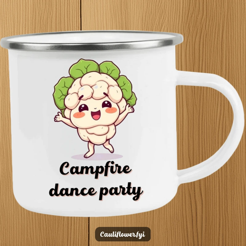 Funny camping mug of a happy cauliflower character doing a silly dance, florets wobbling, ready for outdoor fun.