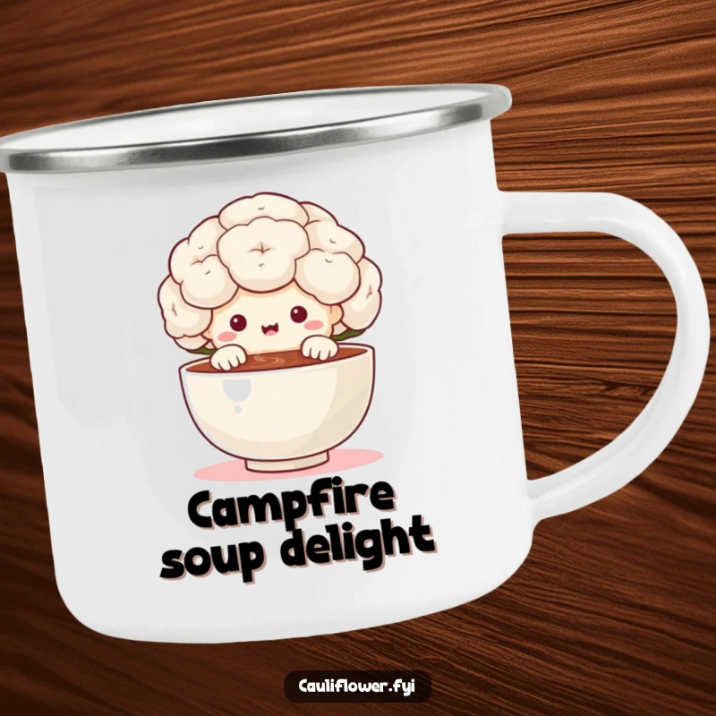Funny cauliflower character peeking over a tiny steaming bowl with delight on a camping mug, perfect for enjoying drinks outdoors with a hint of foodie humor.