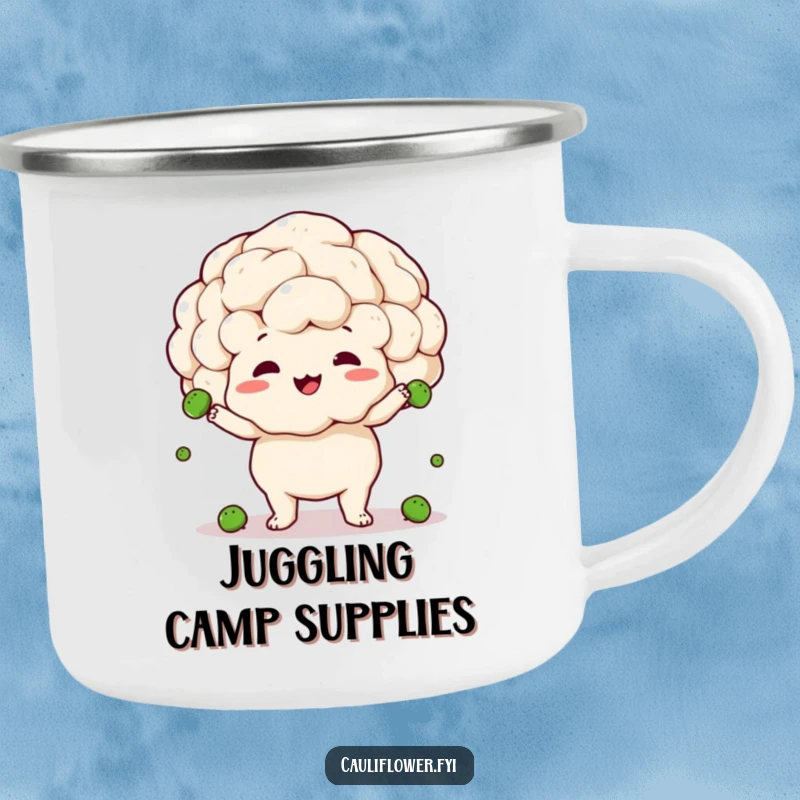Funny camping mug showing a cauliflower happily but clumsily juggling peas, perfect for outdoor laughs and warm beverages.