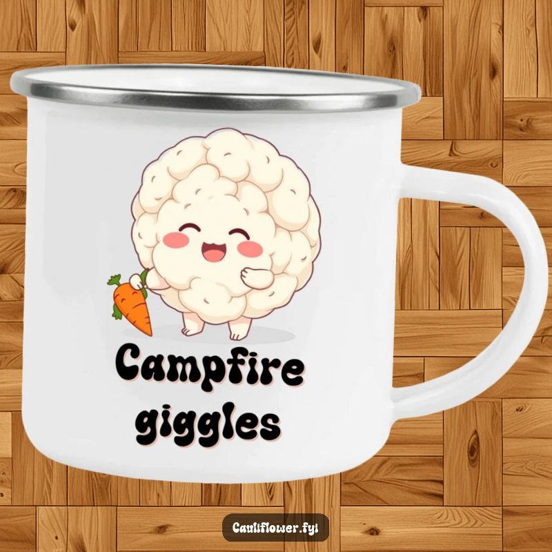 Funny camping mug with a cheerful cauliflower tickling a giggling carrot, ready for outdoor laughter and fun.