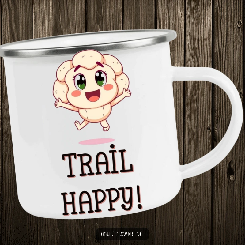 Funny happy cauliflower jumping for joy, a durable camping mug for outdoor celebrations.