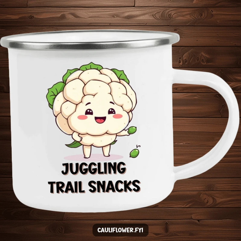 Funny cauliflower attempting to juggle peas, a durable camping mug for outdoor fun and humor.