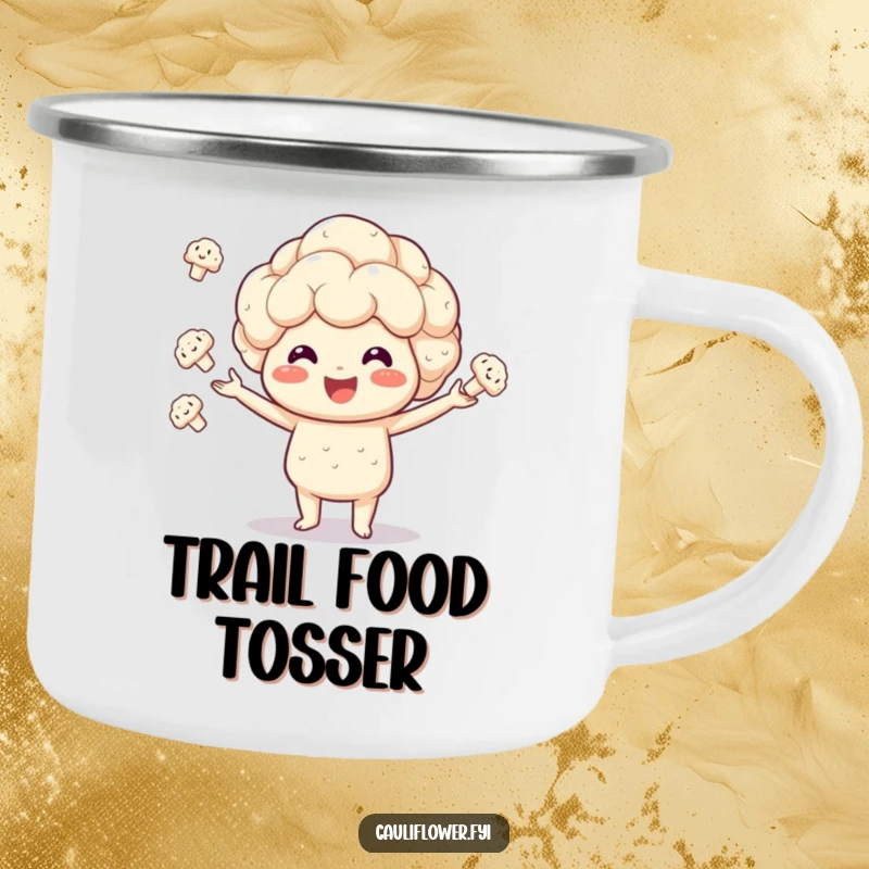 Funny Kawaii cauliflower camping mug features a veggie juggling florets with enthusiasm, perfect for outdoor enthusiasts.