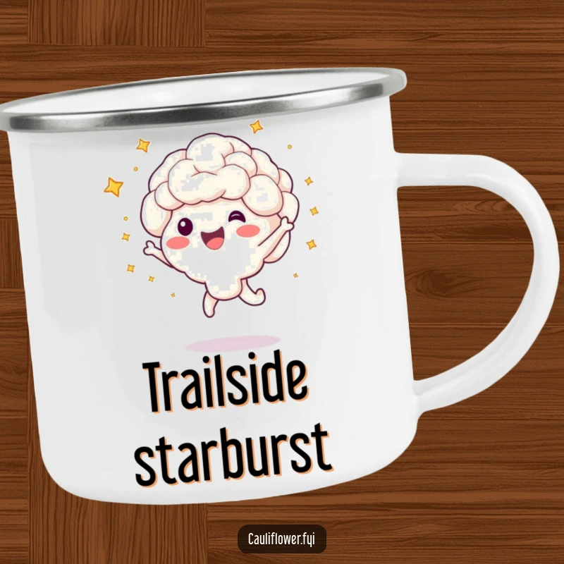 Funny camping mug featuring a cauliflower character doing a happy jump, with little stars bursting around it.