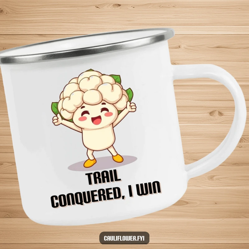 Funny cauliflower character, vegetable race winner, enjoys the outdoors on a sturdy camping mug, bringing humor and charm.
