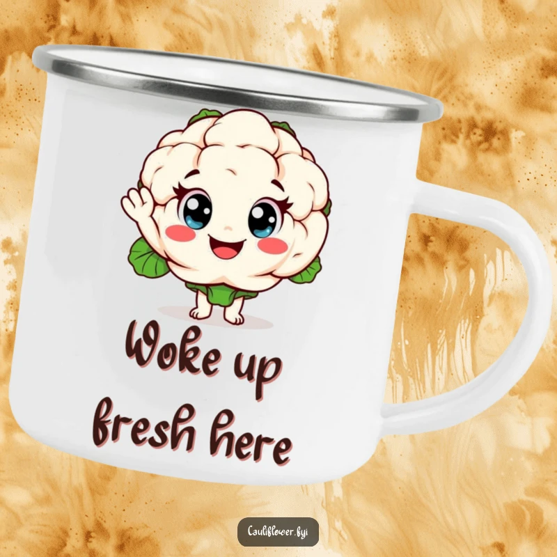 Funny cauliflower camping mug featuring a cheerful vegetable character waving, designed for outdoor use and bringing a smile to every sip.