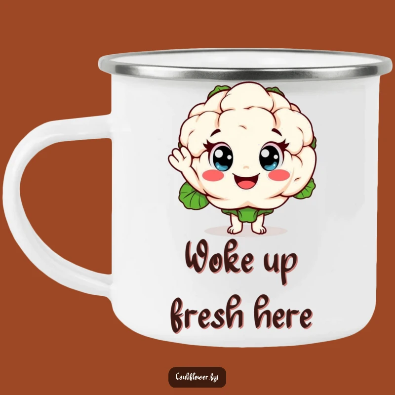 Funny Enamel Cauliflower Mug: Cheerful Waving Veggie for Outdoor Adventures