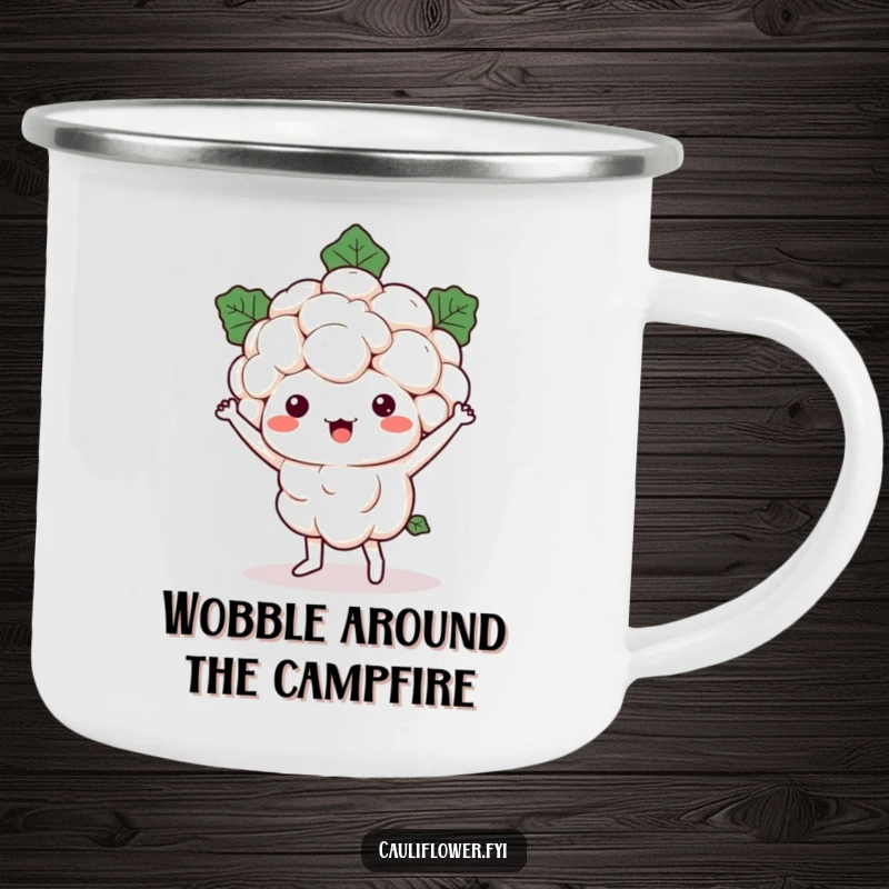 Funny Kawaii cauliflower character dancing around a campfire, illustrated on a durable and humorous camping mug.