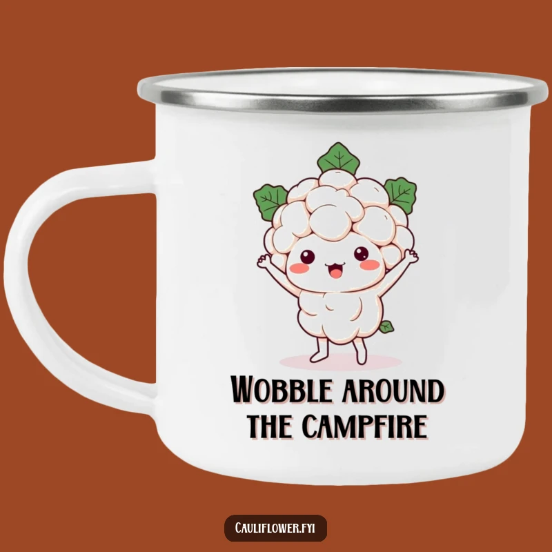 Funny Kawaii Cauliflower Camping Mug: Enjoy Campfires with Hilarious Veggie Dance!